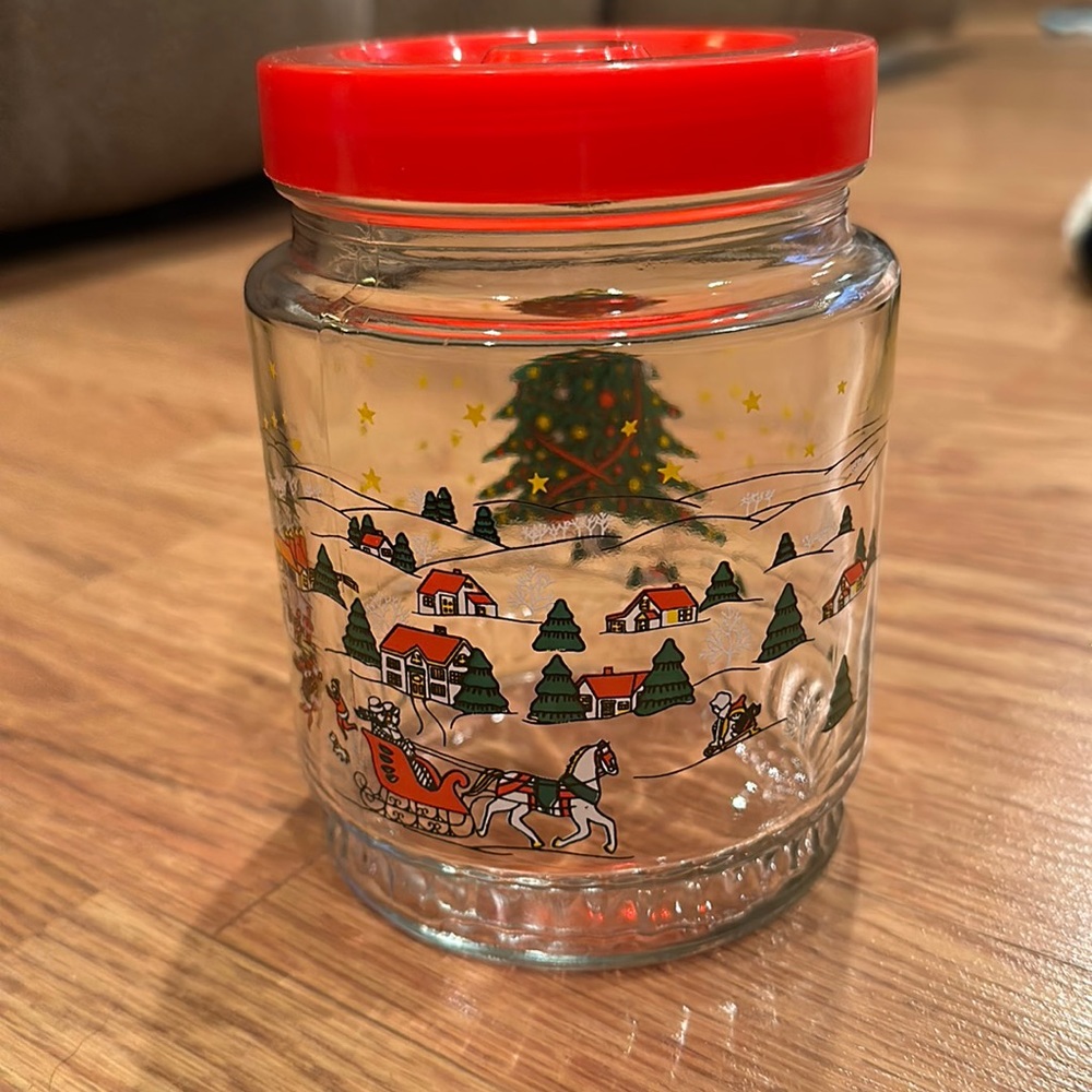 Vintage 1970s Clear Glass Winter Holiday Christmas Town Canister - KIG Indonesia